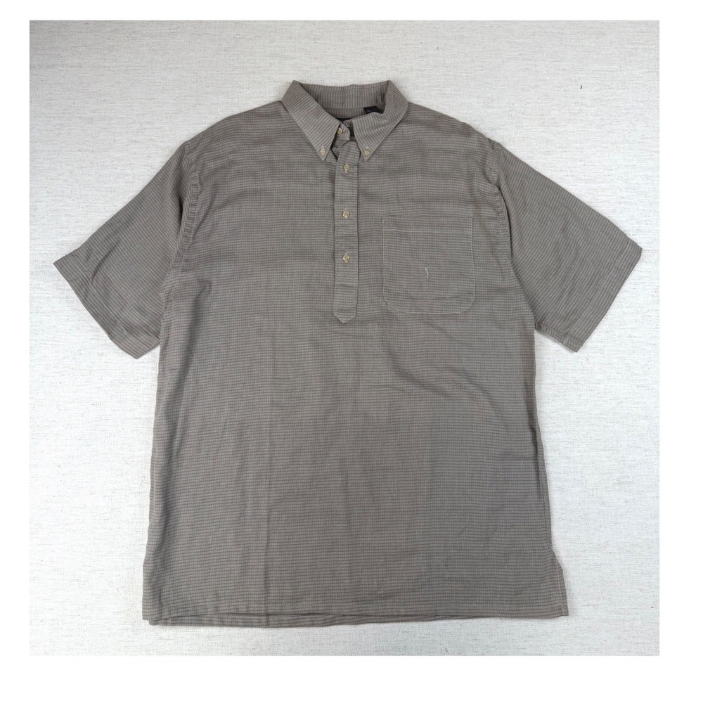 NWT PGA Tour Mens Linen Cotton Polo Shirt Taupe Brown Check Made in USA L